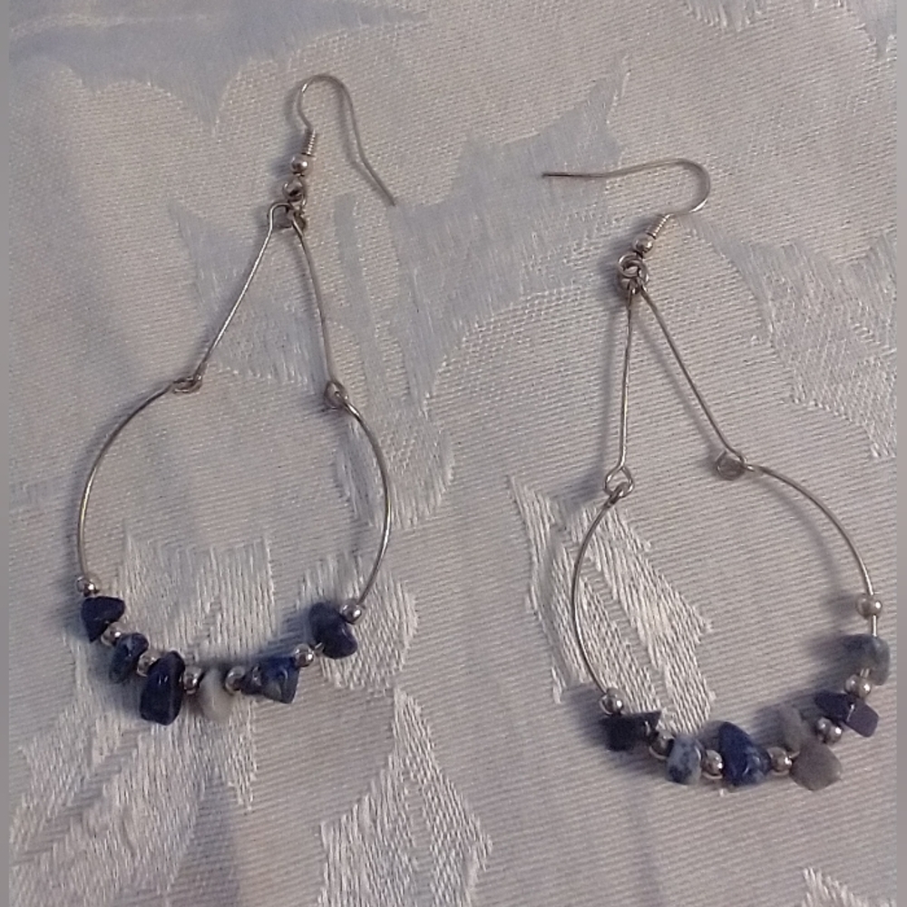 Gold Tone Circle Blue Stone Rock Ball Earrings Wire Pierced Dangle Drop